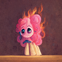 Size: 1024x1024 | Tagged: safe, derpibooru import, generator:midjourney, machine learning generated, pinkie pie, crying, fire, solo