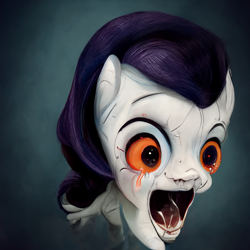 Size: 1024x1024 | Tagged: safe, derpibooru import, generator:midjourney, machine learning generated, rarity, crying, floating head, machine learning abomination, nightmare fuel, rarity crying with a big mouth with sharp teet, red eyes, solo