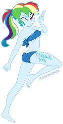 Size: 560x1100 | Tagged: safe, artist:jennieoo, derpibooru import, rainbow dash, equestria girls, bare shoulders, bikini, breasts, cleavage, clothes, erect nipples, feet, looking at you, nipple outline, one eye closed, show accurate, simple background, smiling, smiling at you, solo, strapless, strapless bikini, swimsuit, thank you, transparent background, underboob, wink, winking at you