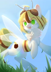 Size: 2900x4096 | Tagged: safe, artist:dreamsugar, derpibooru import, oc, oc only, bee, insect, pony, antennae, eye clipping through hair, female, grass, mare, open mouth, outdoors, solo, wings