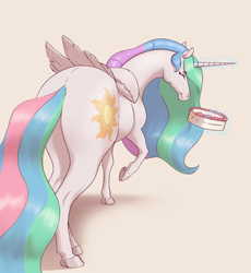 Size: 3251x3530 | Tagged: safe, artist:aquaticvibes, derpibooru import, princess celestia, alicorn, pony, butt, cake, cakelestia, cream background, ethereal hair, ethereal mane, ethereal tail, eyes closed, female, folded wings, food, hoers, levitation, magic, magic aura, mare, plot, princess celestia is a horse, rear view, simple background, smiling, solo, sunbutt, tail, telekinesis, wings