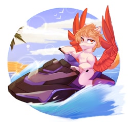 Size: 1050x1000 | Tagged: safe, artist:thieftea, derpibooru import, oc, oc only, pegasus, beach, jet ski, looking at you, solo, spread wings, wings