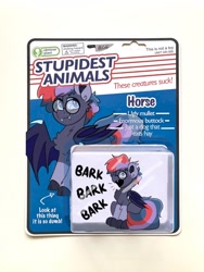 Size: 1154x1536 | Tagged: safe, artist:allicoot, derpibooru import, oc, oc only, bat pony, pony, bark, barking, chest fluff, freckles, glasses, obvious plant, photoshop, smiling, solo, spread wings, toy, wide eyes, wings