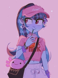 Size: 1536x2048 | Tagged: safe, alternate version, artist:dreamz, derpibooru import, sonata dusk, equestria girls, axolotl, bag, belly button, bracelet, clothes, cup, cute, drink, drinking straw, ear piercing, earring, female, hat, jewelry, midriff, pants, piercing, plushie, shirt, soda, solo, sonatabetes, spiked wristband, sweatpants, t-shirt, wristband