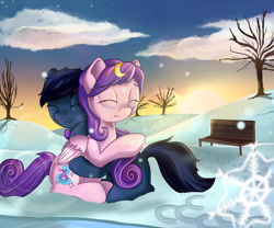 Size: 1280x1067 | Tagged: safe, artist:appleneedle, derpibooru import, oc, pegasus, pony, art, bench, character, commission, couple, digital, draw, drawing, fanart, female, hug, love, male, nature, oc x oc, paint, painting, romance, romantic, shipping, snow, snowfall, straight, winter