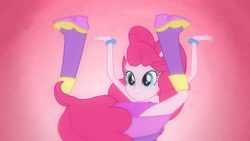 Size: 3410x1920 | Tagged: safe, derpibooru import, edit, edited screencap, screencap, pinkie pie, equestria girls, equestria girls (movie), bare shoulders, boots, cute, diapinkes, fall formal outfits, female, pinkie being pinkie, shoes, sleeveless, smiling, solo, strapless, upside down