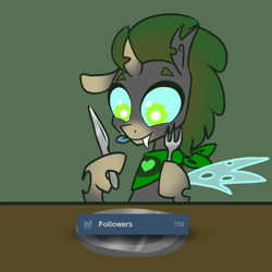 Size: 650x650 | Tagged: safe, artist:toadstool-prancer, derpibooru import, oc, oc:tantamount, changeling, dexterous hooves, dish, fork, knife, meta, solo, tantamount time turner, tumblr