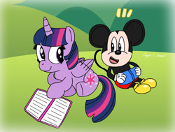 Size: 1280x969 | Tagged: safe, artist:harmonybunny2022, derpibooru import, twilight sparkle, alicorn, mouse, pony, background, book, crossover, disney, friendship, hill, meadow, mickey mouse, reading