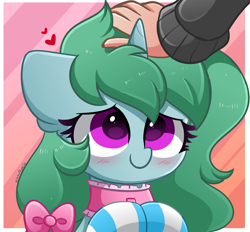 Size: 2800x2600 | Tagged: safe, artist:kittyrosie, derpibooru import, oc, oc only, oc:kazumi, human, pony, unicorn, abstract background, blushing, bow, clothes, collar, hair bow, hand, head pat, hooves together, horn, looking up, offscreen character, pat, petting, smiling, socks, striped socks, unicorn oc