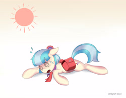 Size: 3424x2648 | Tagged: safe, artist:vinilyart, derpibooru import, coco pommel, earth pony, pony, faint, open mouth, summer, sun