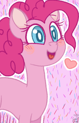 Size: 450x700 | Tagged: safe, artist:cyan7cloud, derpibooru import, pinkie pie, earth pony, pony, abstract background, blushing, bust, female, happy, heart, looking at something, mare, open mouth, open smile, outline, smiling, solo, white outline