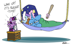 Size: 1024x653 | Tagged: safe, artist:bobthedalek, derpibooru import, trixie, twilight sparkle, twilight sparkle (alicorn), alicorn, pony, unicorn, alarm clock, annoyed, atg 2022, bandage, bandaged wing, bandaid, baseball bat, bed mane, clock, dialogue, drawer, duo, duo female, female, hammock, hat, inconvenient twilight, magic, mare, newbie artist training grounds, nightcap, not in the mood, telekinesis, this will end in smashing, this will not end well, tired, trixie is not amused, unamused, wings