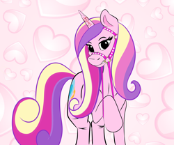 Size: 1900x1583 | Tagged: artist needed, source needed, safe, derpibooru import, princess cadance, alicorn, pony, g4, bridle, eyebrows, female, heart, heart background, looking at you, mare, raised hoof, raised leg, solo, tack
