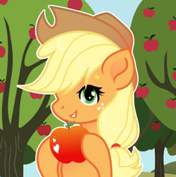 Size: 1280x1287 | Tagged: safe, artist:vi45, derpibooru import, applejack, earth pony, pony, apple, apple tree, applejack's hat, clothes, cowboy hat, female, food, hat, mare, tree