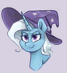 Size: 946x1029 | Tagged: safe, artist:smirk, derpibooru import, trixie, pony, unicorn, bust, clothes, female, hat, lidded eyes, mare, simple background, smiling, solo, trixie's hat