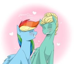 Size: 3000x2500 | Tagged: safe, artist:lrusu, derpibooru import, rainbow dash, zephyr breeze, pegasus, pony, flutter brutter, adventure in the comments on derpi, blushing, cute, dashabetes, eyes closed, female, heart, high res, male, mare, out of character, shipping, smiling, stallion, straight, zephdash, zephyrbetes