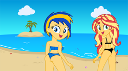 Size: 1316x735 | Tagged: safe, artist:mlpfan3991, derpibooru import, sunset shimmer, oc, oc:flare spark, equestria girls, beach, bikini, clothes, duo, duo female, equestria girls-ified, female, looking back, palm tree, swimsuit, tomboy, tree