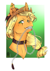 Size: 1446x2039 | Tagged: safe, artist:natt333, derpibooru import, applejack, earth pony, pony, bust, chains, collar, leash, looking at you, mouth hold, piercing, punk, solo