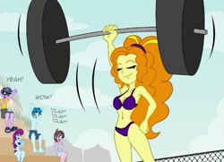 Size: 441x319 | Tagged: safe, artist:niban-destikim, derpibooru import, adagio dazzle, microchips, mystery mint, thunderbass, equestria girls, barbell, bare shoulders, belly button, bikini, clothes, cropped, eyes closed, female, male, ripped pants (spongebob episode), sleeveless, strong, swimsuit, weight lifting, weights