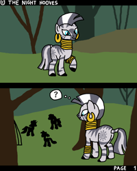 Size: 1600x2000 | Tagged: safe, artist:nopony, derpibooru import, zecora, oc, pony, zebra, comic:the night hooves, atg 2022, comic, everfree forest, newbie artist training grounds, question mark, standing, thought bubble, tree