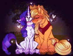 Size: 1280x978 | Tagged: safe, artist:millefaller, derpibooru import, applejack, rarity, earth pony, pony, unicorn, blushing, chest fluff, cuddling, deviantart watermark, ears, eyes closed, female, floppy ears, heart, leonine tail, lesbian, nuzzling, obtrusive watermark, rarijack, romantic, shipping, smiling, surprised, tail, unshorn fetlocks, watermark, wide eyes