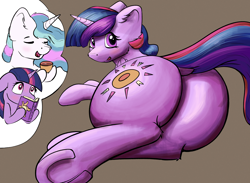 Size: 4520x3313 | Tagged: safe, artist:shaliwolf, derpibooru import, princess celestia, twilight sparkle, twilight sparkle (alicorn), oc, oc:princess morning star, alicorn, pony, absurd file size, alicorn oc, blushing, book, butt, commissioner:bigonionbean, cup, cutie mark, embarrassed, female, flank, flowing mane, fusion, fusion:princess morning star, high res, horn, large butt, looking at you, looking back, mare, nervous, plot, shy, staring into your soul, teacup, thought bubble, wings, writer:bigonionbean