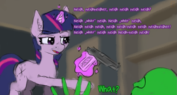 Size: 1085x587 | Tagged: safe, twilight sparkle, oc, oc:anon, human, pony, unicorn, angry, gun, handgun, levitation, magic, movie parody, movie reference, parody, pistol, pulp fiction, scared, telekinesis, this will end in death, this will end in pain, weapon