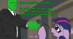 Size: 1085x587 | Tagged: safe, twilight sparkle, oc, oc:anon, human, pony, unicorn, angry, clothes, gun, handgun, movie parody, movie reference, necktie, parody, pistol, pulp fiction, scared, suit, this will end in death, this will end in pain, weapon