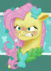 Size: 560x775 | Tagged: safe, artist:tsunami-shells, derpibooru import, fluttershy, pegasus, pony, the best night ever, angry, bust, ears back, female, flower, flower in hair, flutterrage, gritted teeth, mare, red face, solo, teeth