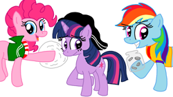 Size: 2560x1440 | Tagged: safe, artist:lego8gamer, derpibooru import, pinkie pie, rainbow dash, twilight sparkle, unicorn twilight, pegasus, pony, unicorn, 2015, ed edd n eddy, female, jawbreaker, mare, pink twi n dashie, simple background, trio, trio female, white background