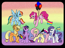 Size: 1280x954 | Tagged: safe, artist:pokeshadow, derpibooru import, applejack, fluttershy, pinkie pie, rainbow dash, rarity, twilight sparkle, twilight sparkle (alicorn), alicorn, earth pony, pegasus, unicorn, balloon, bisexual pride flag, demisexual pride flag, lesbian pride flag, mane six, pansexual pride flag, pi, polyamorous pride flag, pride, pride flag, queer pride flag, rainbow background, sparkly background