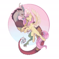 Size: 2074x2082 | Tagged: safe, artist:bonniem_x2, derpibooru import, discord, fluttershy, draconequus, pegasus, pony, antlers, blushing, discoshy, duo, female, flying, heart, horn, looking at each other, looking at someone, male, shipping, signature, simple background, straight, wings