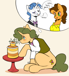 Size: 1786x1971 | Tagged: safe, artist:pledus, derpibooru import, cheese sandwich, fancypants, oc, oc:celebratory attire, earth pony, pony, unicorn, bowtie, cake, clothes, commissioner:bigonionbean, dessert, dialogue, food, fusion, fusion:celebratory attire, male, shirt, sitting, stallion, suit, table, thought bubble, writer:bigonionbean