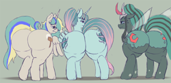 Size: 1500x734 | Tagged: safe, artist:weasselk, derpibooru import, carrot top, cloudy quartz, derpy hooves, golden harvest, king sombra, mayor mare, minuette, nightmare moon, posey shy, queen chrysalis, queen umbra, twilight velvet, windy whistles, oc, oc:earthing elements, oc:queen fresh care, alicorn, changeling, changeling queen, pony, butt, changeling oc, cheeselegs, commissioner:bigonionbean, crown, curved horn, cutie mark, female, flank, fusion, fusion:earthing elements, fusion:queen fresh care, glasses, horn, insect wings, intense, intense stare, jewelry, large butt, mare, nervous sweat, plot, regalia, rule 63, snorting, stare down, the ass was fat, wings, writer:bigonionbean