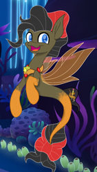 Size: 1080x1920 | Tagged: safe, artist:kaiden0711, derpibooru import, oc, oc only, pegasus, seapony (g4), blue eyes, clothes, coral, dorsal fin, fin wings, fins, fish tail, flowing mane, flowing tail, jewelry, looking at you, male, necklace, ocean, open mouth, open smile, seaponified, seaquestria, seaweed, see-through, smiling, smiling at you, solo, species swap, tail, underwater, water, wings