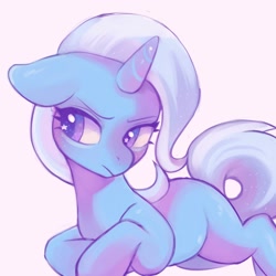 Size: 1400x1400 | Tagged: safe, artist:horseyuris, derpibooru import, trixie, pony, unicorn, cute, diatrixes, ears, female, floppy ears, horn, lying down, mare, missing cutie mark, prone, simple background, solo, starry eyes, wingding eyes