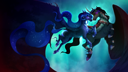 Size: 4000x2250 | Tagged: safe, artist:pumpkabooo, derpibooru import, king sombra, princess luna, alicorn, pony, unicorn, absurd resolution, armor, blue tail, claws, curved horn, duo, duo male and female, ethereal mane, female, flowing mane, flowing tail, flying, high res, hoof shoes, horn, implied nightmare moon, jewelry, looking at each other, looking at someone, lumbra, male, mare, night, peytral, regalia, shipping, smiling, sombra eyes, sparkles, spread wings, stallion, starry mane, straight, tail, wing cape, wing claws, wings