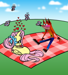 Size: 930x1026 | Tagged: safe, artist:thefiremermaid, derpibooru import, fluttershy, butterfly, pegasus, pony, blushing, butterfly on nose, crash bandicoot, crossover, crossover shipping, female, floating heart, heart, insect on nose, looking at each other, looking at someone, lying down, male, mare, older, older fluttershy, picnic blanket, shipping, straight, wat, woah