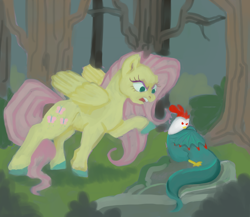 Size: 1024x888 | Tagged: safe, artist:tsunami-shells, derpibooru import, fluttershy, cockatrice, pegasus, pony, stare master, angry, colored hooves, female, forest, mare, scene interpretation