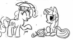 Size: 1215x676 | Tagged: safe, derpibooru import, pinkie pie, twilight sparkle, twilight twinkle, unicorn twilight, earth pony, pony, unicorn, 2009, animatic, black and white, book, eyes closed, female, frown, grayscale, hat, horn, lying down, mare, monochrome, prone, raised hoof, raised leg, show pilot, smiling, twilight sparkle is not amused, umbrella, umbrella hat, unamused, youtube link