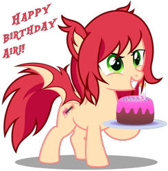 Size: 3360x3430 | Tagged: safe, artist:strategypony, derpibooru import, oc, oc only, oc:airi, bat pony, bat pony oc, birthday, birthday cake, cake, candle, cute, female, filly, foal, food, happy birthday, simple background, spread wings, text, transparent background, wings