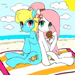 Size: 749x751 | Tagged: safe, artist:ponysprinkles, derpibooru import, oc, oc only, earth pony, pegasus, pony, beach, cloud, duo, duo female, earth pony oc, eye clipping through hair, female, food, ice cream, ice cream cone, looking at you, mare, pegasus oc, sitting, wing hands, wings