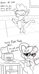 Size: 4096x7722 | Tagged: safe, artist:tjpones, derpibooru import, raven, spike, dragon, pony, unicorn, bipedal, black and white, comic, commission, dialogue, female, grayscale, implied spike, levitation, magic, male, mare, monochrome, nightshirt, paper shredder, partial color, pencil behind ear, ravenspike, shipping, simple background, sleep mask, straight, suspicious, telekinesis, white background