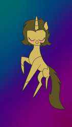 Size: 750x1334 | Tagged: safe, anonymous artist, derpibooru import, oc, oc only, oc:sagiri himoto, pony, unicorn, abstract background, base used, blushing, brown coat, brown eyes, brown mane, brown tail, ears, ears up, eyes closed, flying, green mane, green tail, horn, pose, solo, stained glass window, tail