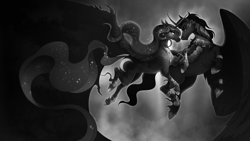 Size: 4000x2250 | Tagged: safe, alternate version, artist:pumpkabooo, derpibooru import, king sombra, princess luna, alicorn, pony, unicorn, armor, black and white, claws, curved horn, duo, duo male and female, ethereal mane, female, flowing mane, flowing tail, flying, grayscale, high res, hoof fluff, hoof shoes, horn, implied nightmare moon, jewelry, long feather, looking at each other, looking at someone, lumbra, male, mare, monochrome, night, peytral, regalia, shipping, smiling, sombra eyes, sparkles, spread wings, stallion, starry mane, straight, tail, wing cape, wing claws, wings