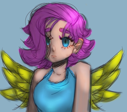 Size: 640x567 | Tagged: safe, artist:issauwu, derpibooru import, fluttershy, human, blue background, humanized, short hair, simple background, solo, winged humanization, wings