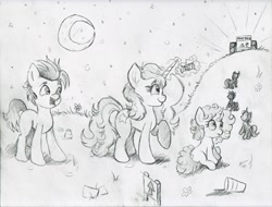 Size: 2000x1522 | Tagged: safe, artist:nedemai, derpibooru import, earth pony, pony, unicorn, atg 2022, concert, moon, newbie artist training grounds, night, pencil drawing, scene, speaker, stars, traditional art