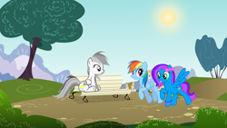 Size: 1920x1080 | Tagged: safe, artist:josephlu2021, derpibooru import, rainbow dash, oc, oc:azure acrylic, oc:gray awesome dash, pegasus, pony, bench, best friends, day, daytime, female, folded wings, mare, park, ponyville, sitting, spread wings, walking, wings