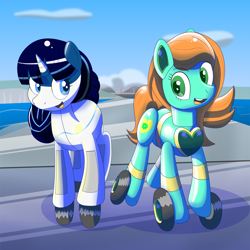 Size: 2000x2000 | Tagged: safe, artist:trackheadtherobopony, derpibooru import, oc, oc:goldheart, oc:ratangga, object pony, original species, pony, robot, robot pony, skating, train, train pony, wheel