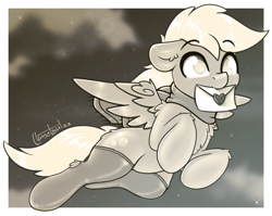 Size: 1623x1294 | Tagged: safe, artist:llametsul, derpibooru import, derpy hooves, pegasus, pony, chest fluff, clothes, cute, ear fluff, ears, female, floppy ears, flying, letter, mare, monochrome, mouth hold, scarf, signature, socks, solo, stockings, thigh highs